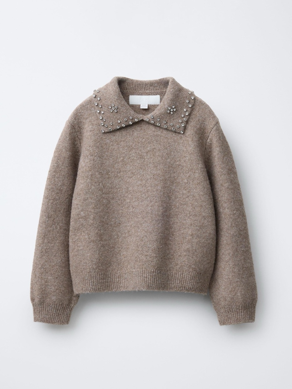 Zara Girls Rhinestone Polo Collar Knit Sweater Brown 9-10Y